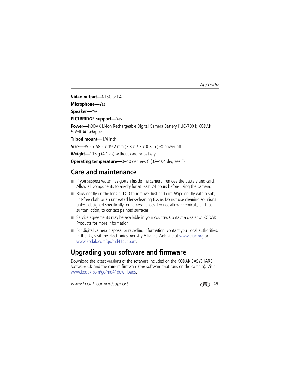 Care and maintenance, Upgrading your software and firmware, The lens | Kodak MD41 User Manual | Page 55 / 67