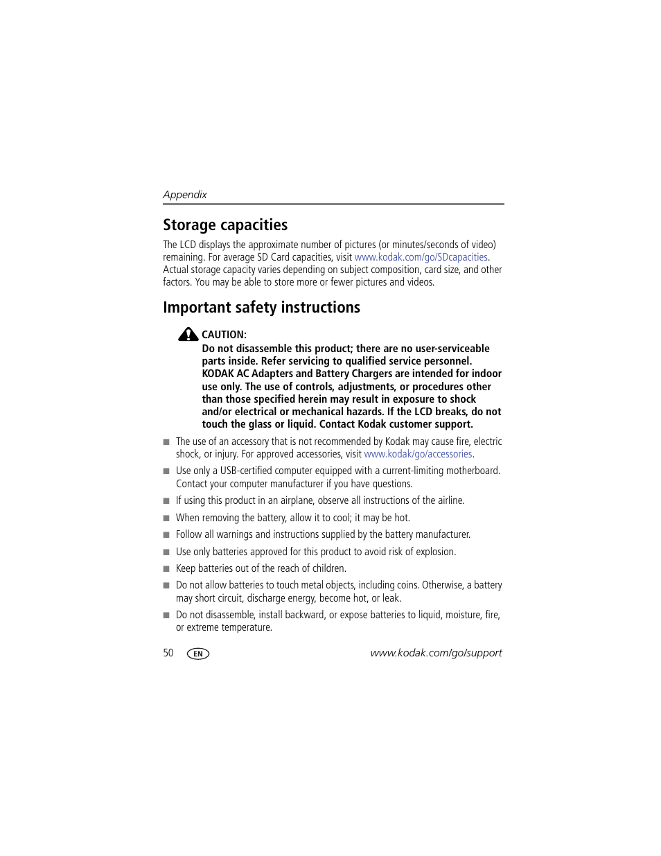 Storage capacities, Important safety instructions, Storage capacities important safety instructions | Kodak MD41 User Manual | Page 56 / 67
