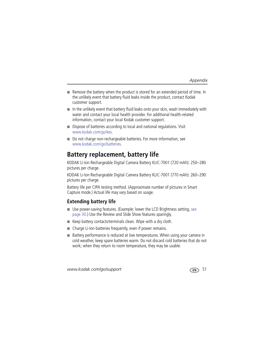 Battery replacement, battery life, Extending battery life, Alled | Kodak MD41 User Manual | Page 57 / 67