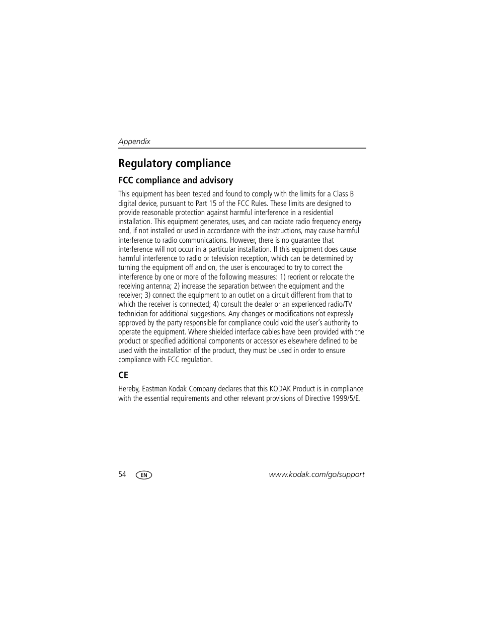 Regulatory compliance, Fcc compliance and advisory | Kodak MD41 User Manual | Page 60 / 67
