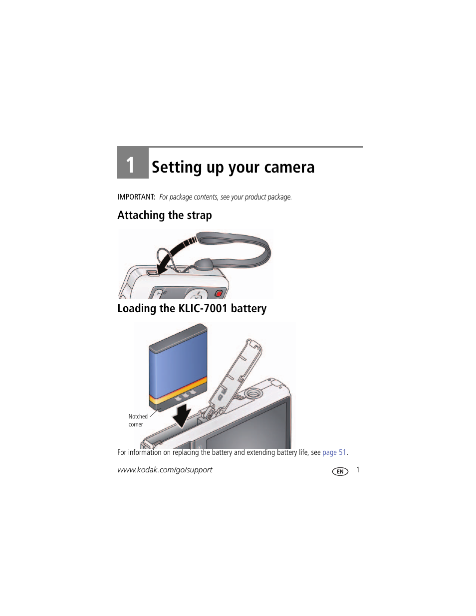 Setting up your camera, Attaching the strap, Loading the klic-7001 battery | 1 setting up your camera, Attaching the strap loading the klic-7001 battery | Kodak MD41 User Manual | Page 7 / 67