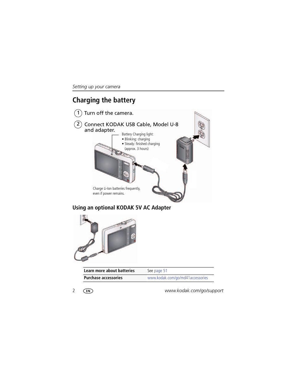Charging the battery, Using an optional kodak 5v ac adapter | Kodak MD41 User Manual | Page 8 / 67