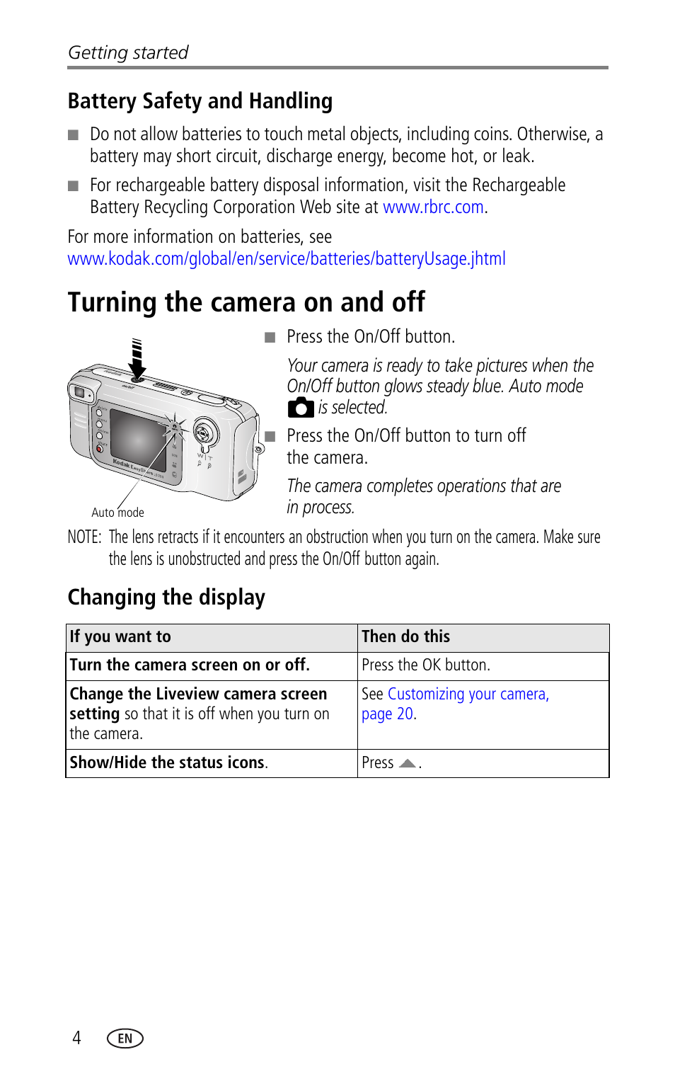 Battery safety and handling, Turning the camera on and off, Changing the display | Kodak LS753 User Manual | Page 10 / 64