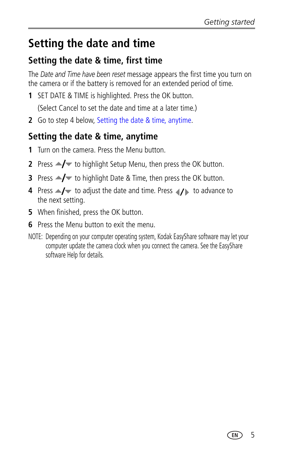 Setting the date and time, Setting the date & time, first time, Setting the date & time, anytime | Kodak LS753 User Manual | Page 11 / 64