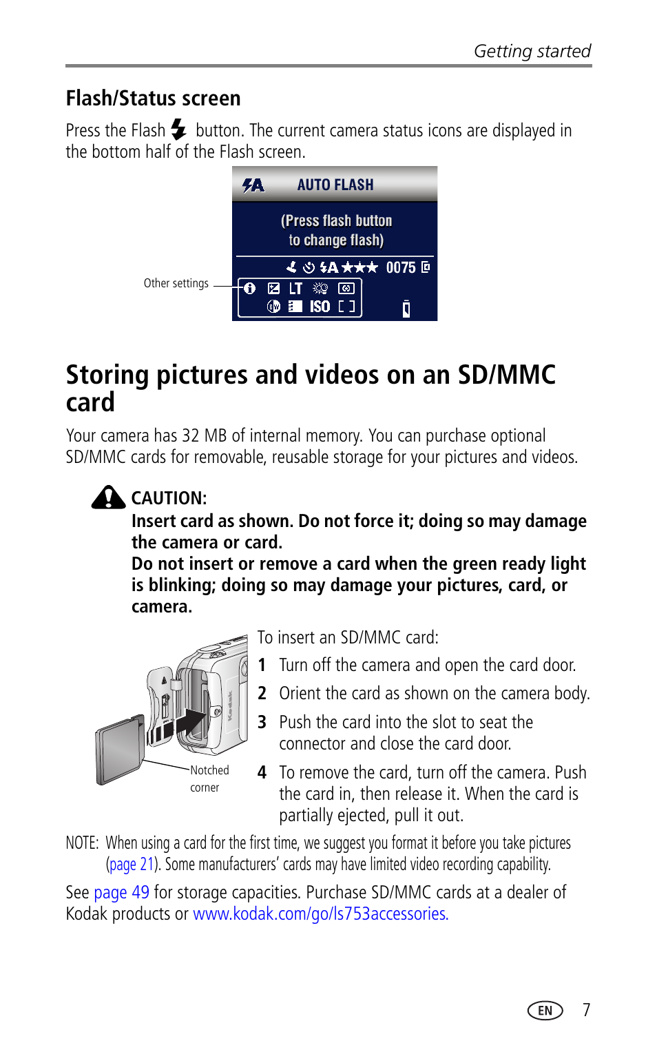 Flash/status screen, Storing pictures and videos on an sd/mmc card | Kodak LS753 User Manual | Page 13 / 64
