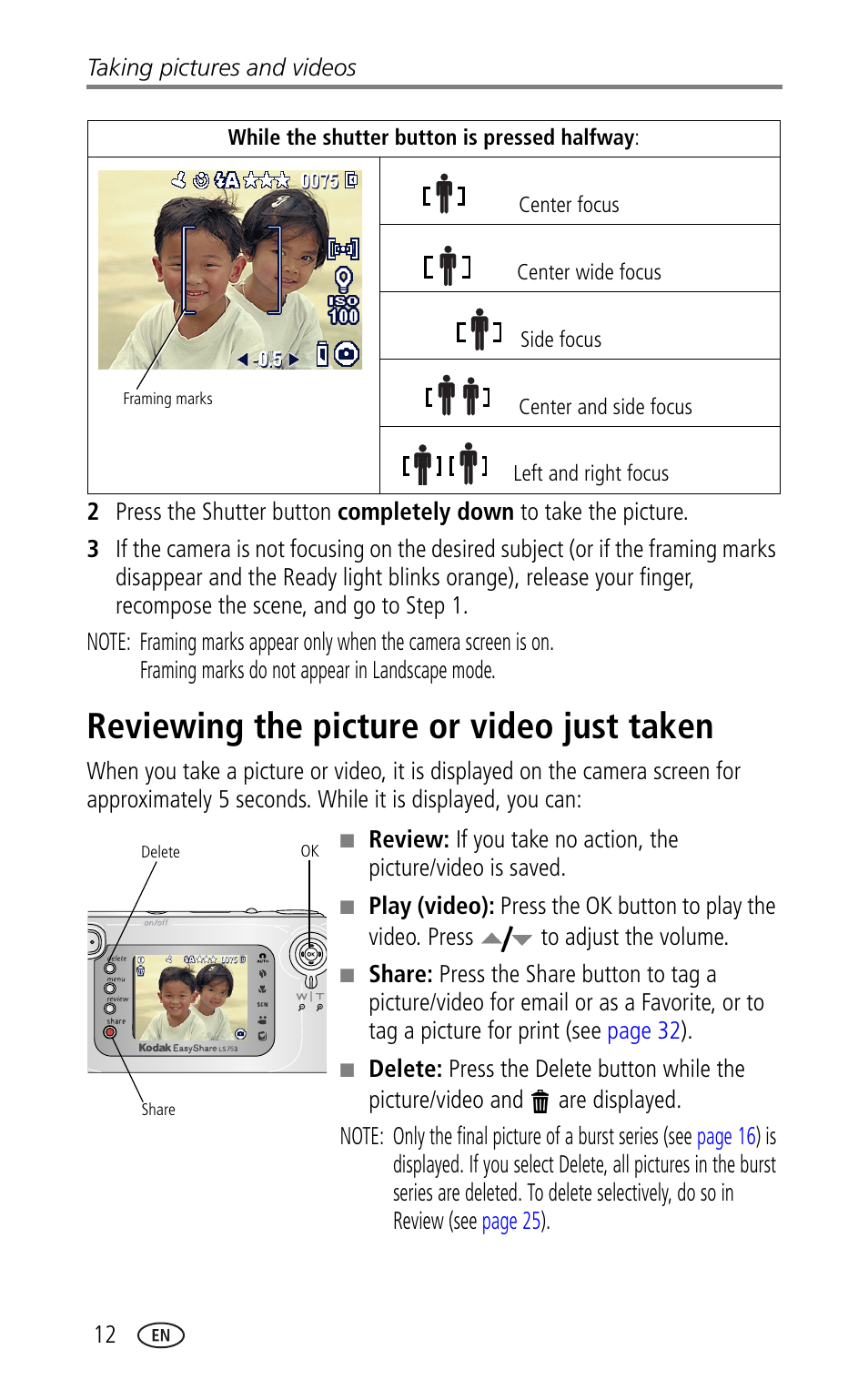 Reviewing the picture or video just taken | Kodak LS753 User Manual | Page 18 / 64
