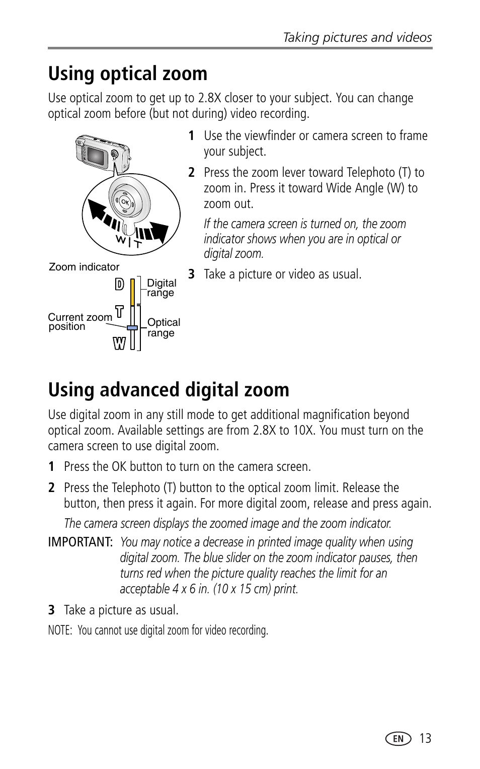 Using optical zoom, Using advanced digital zoom, Using optical zoom using advanced digital zoom | Kodak LS753 User Manual | Page 19 / 64