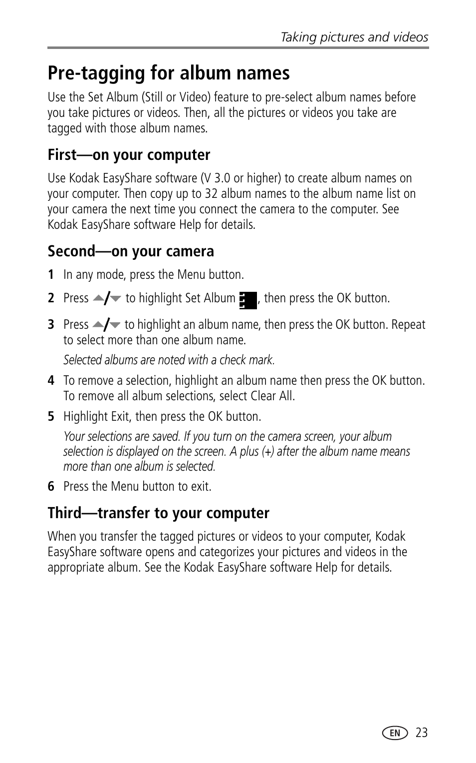 Pre-tagging for album names, First-on your computer, Second-on your camera | Third-transfer to your computer | Kodak LS753 User Manual | Page 29 / 64