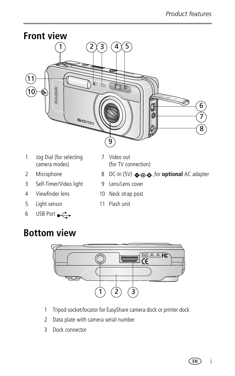 Product features, Front view bottom view | Kodak LS753 User Manual | Page 3 / 64