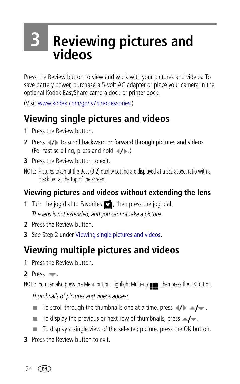 3 reviewing pictures and videos, Viewing single pictures and videos, Viewing multiple pictures and videos | Reviewing pictures and videos | Kodak LS753 User Manual | Page 30 / 64