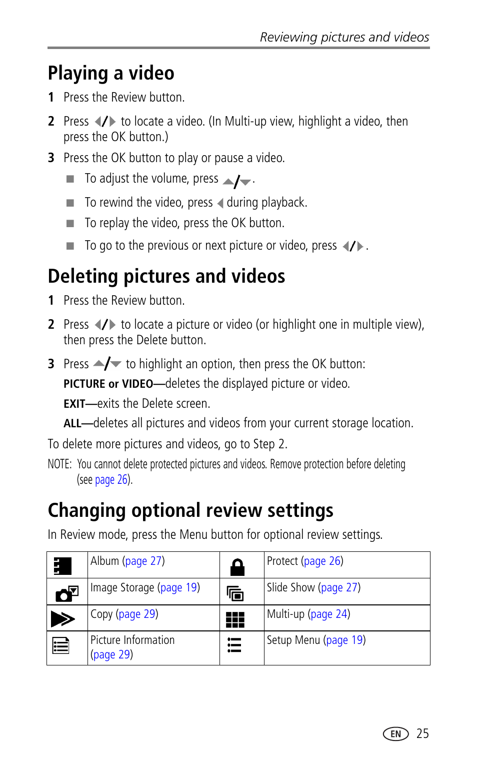 Playing a video, Deleting pictures and videos, Changing optional review settings | Kodak LS753 User Manual | Page 31 / 64