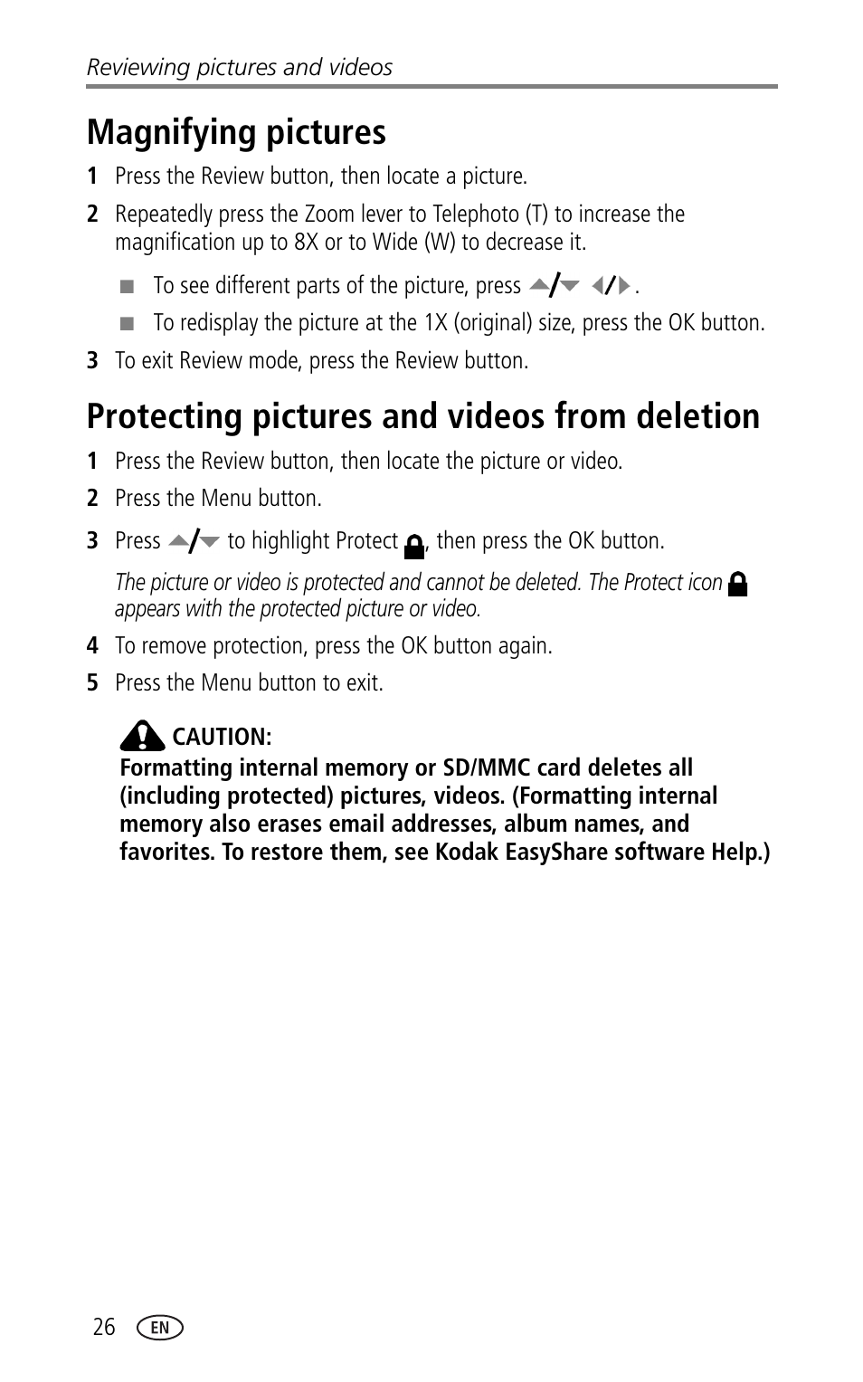 Magnifying pictures, Protecting pictures and videos from deletion | Kodak LS753 User Manual | Page 32 / 64