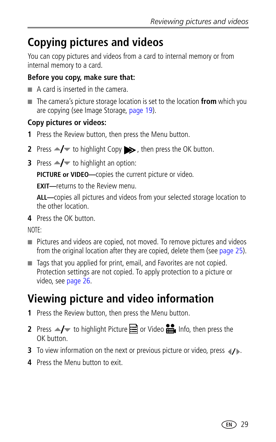 Copying pictures and videos, Viewing picture and video information | Kodak LS753 User Manual | Page 35 / 64