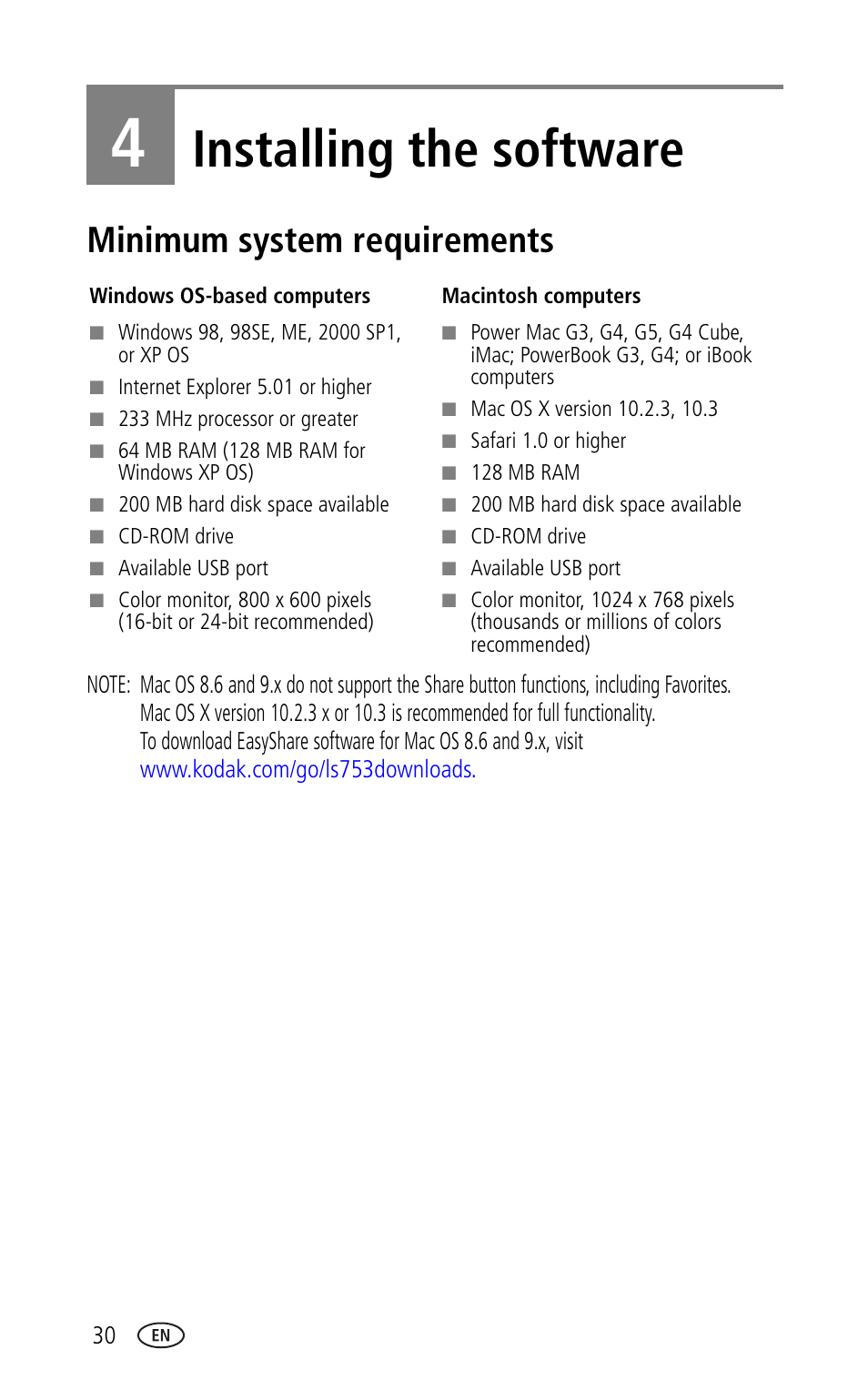 4 installing the software, Minimum system requirements, Installing the software | Kodak LS753 User Manual | Page 36 / 64