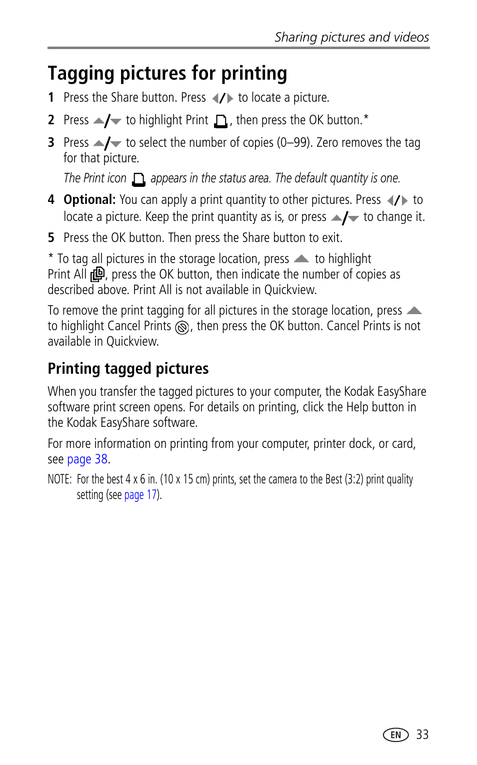 Tagging pictures for printing, Printing tagged pictures | Kodak LS753 User Manual | Page 39 / 64