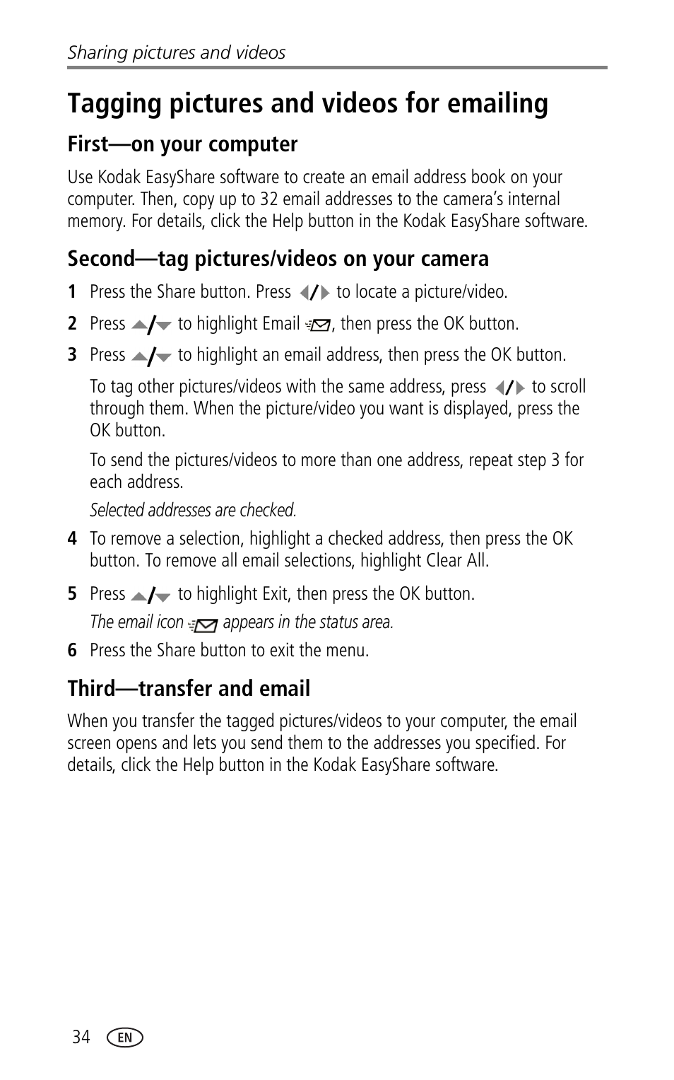 Tagging pictures and videos for emailing, First-on your computer, Second-tag pictures/videos on your camera | Third-transfer and email, Email | Kodak LS753 User Manual | Page 40 / 64