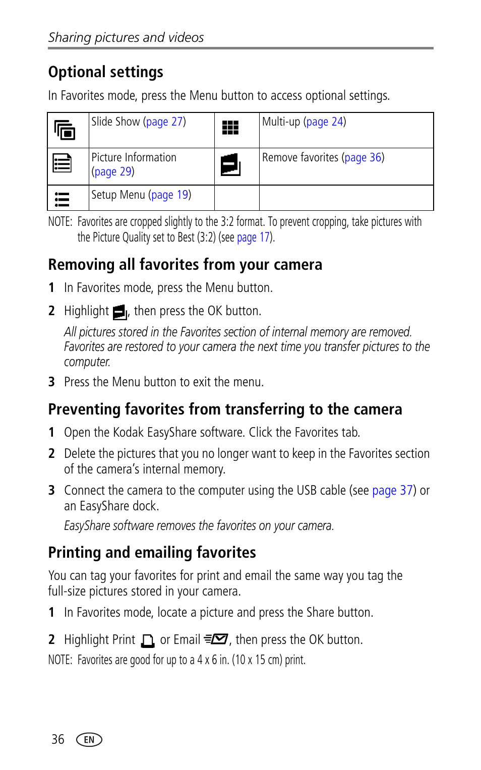 Optional settings, Removing all favorites from your camera, Printing and emailing favorites | Kodak LS753 User Manual | Page 42 / 64