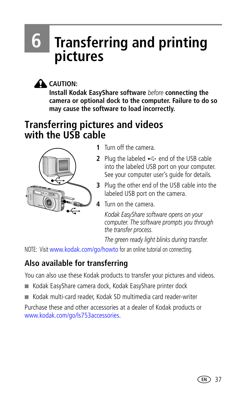 6 transferring and printing pictures, Also available for transferring, Transferring and printing pictures | Kodak LS753 User Manual | Page 43 / 64