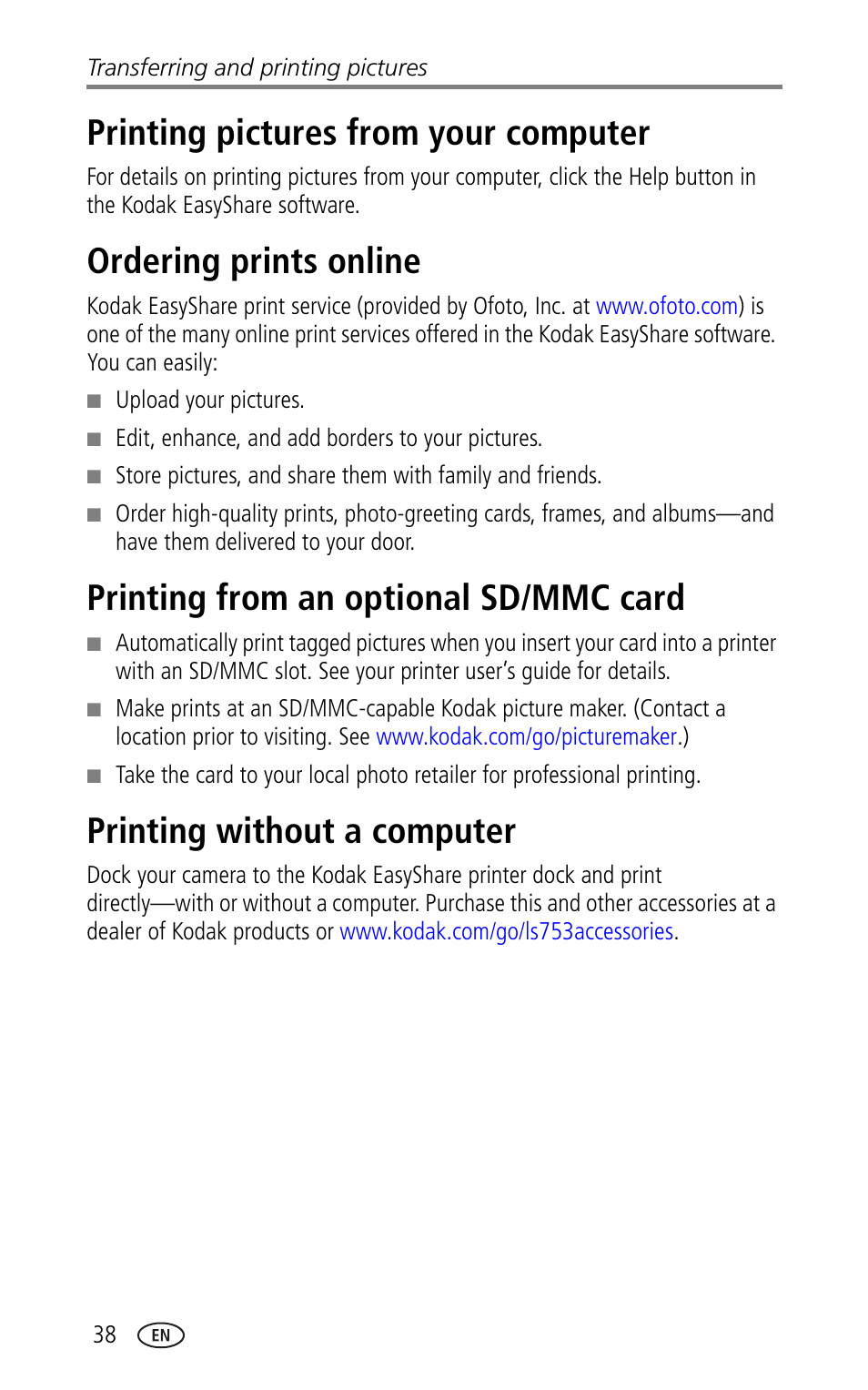 Printing pictures from your computer, Ordering prints online, Printing from an optional sd/mmc card | Printing without a computer | Kodak LS753 User Manual | Page 44 / 64