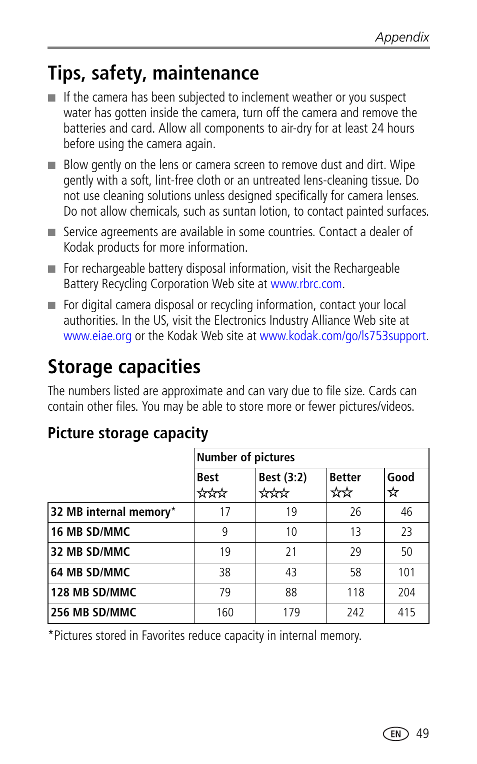 Tips, safety, maintenance, Storage capacities, Picture storage capacity | Tips, safety, maintenance storage capacities | Kodak LS753 User Manual | Page 55 / 64