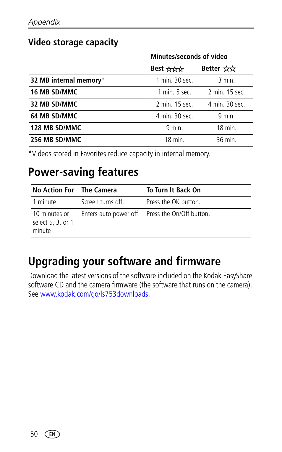 Video storage capacity, Power-saving features, Upgrading your software and firmware | Kodak LS753 User Manual | Page 56 / 64