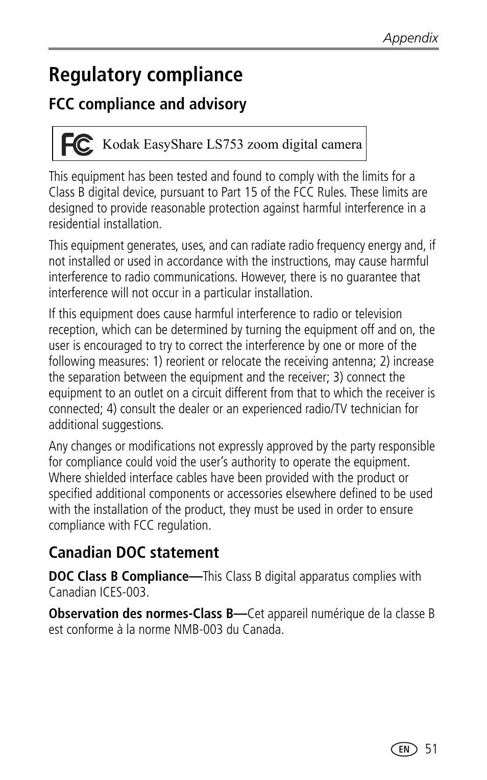 Regulatory compliance, Fcc compliance and advisory, Canadian doc statement | Kodak LS753 User Manual | Page 57 / 64