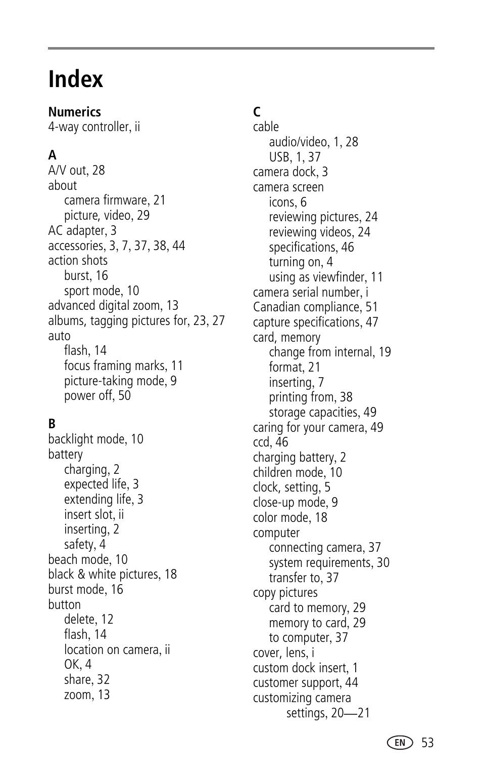 Index | Kodak LS753 User Manual | Page 59 / 64
