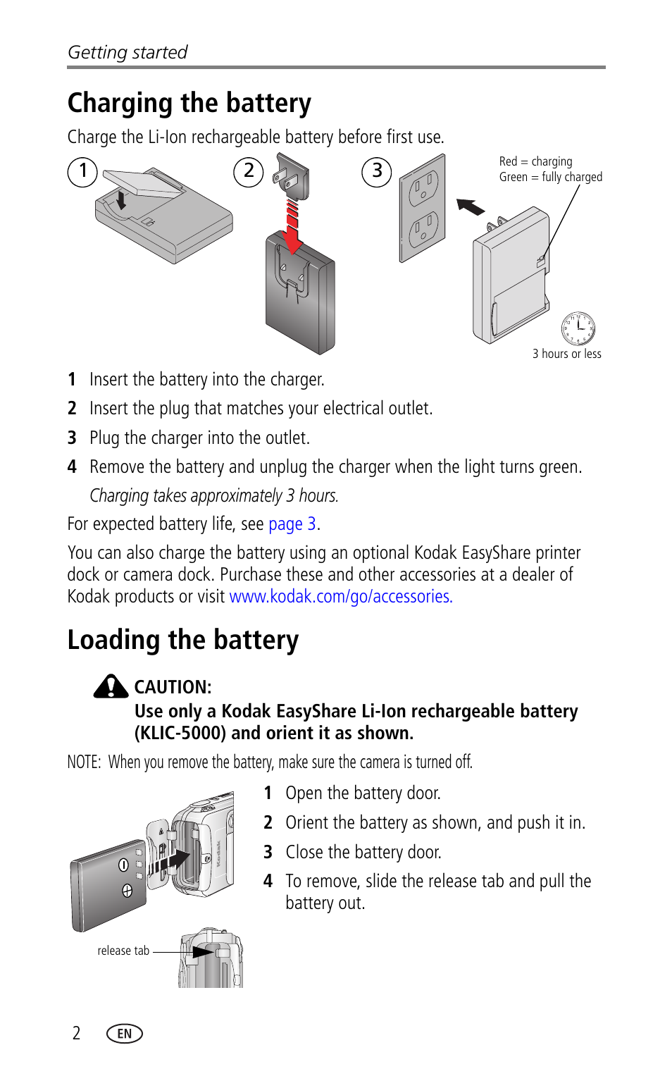 Charging the battery, Loading the battery, Charging the battery loading the battery | Kodak LS753 User Manual | Page 8 / 64