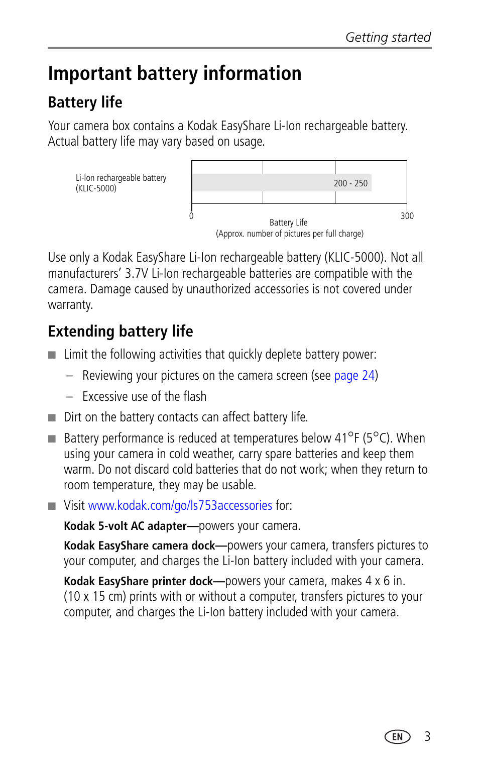 Important battery information, Battery life, Extending battery life | Kodak LS753 User Manual | Page 9 / 64