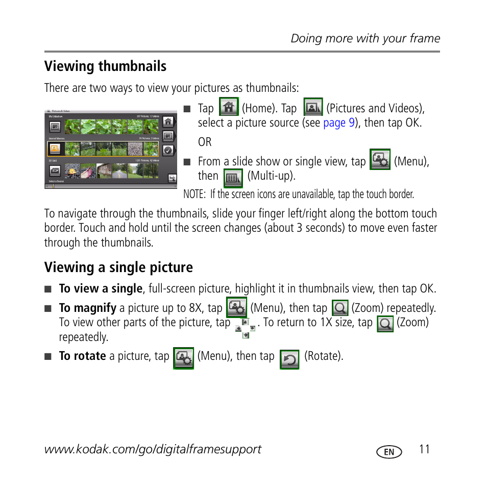 Viewing thumbnails, Viewing a single picture | Kodak M1020 User Manual | Page 11 / 28