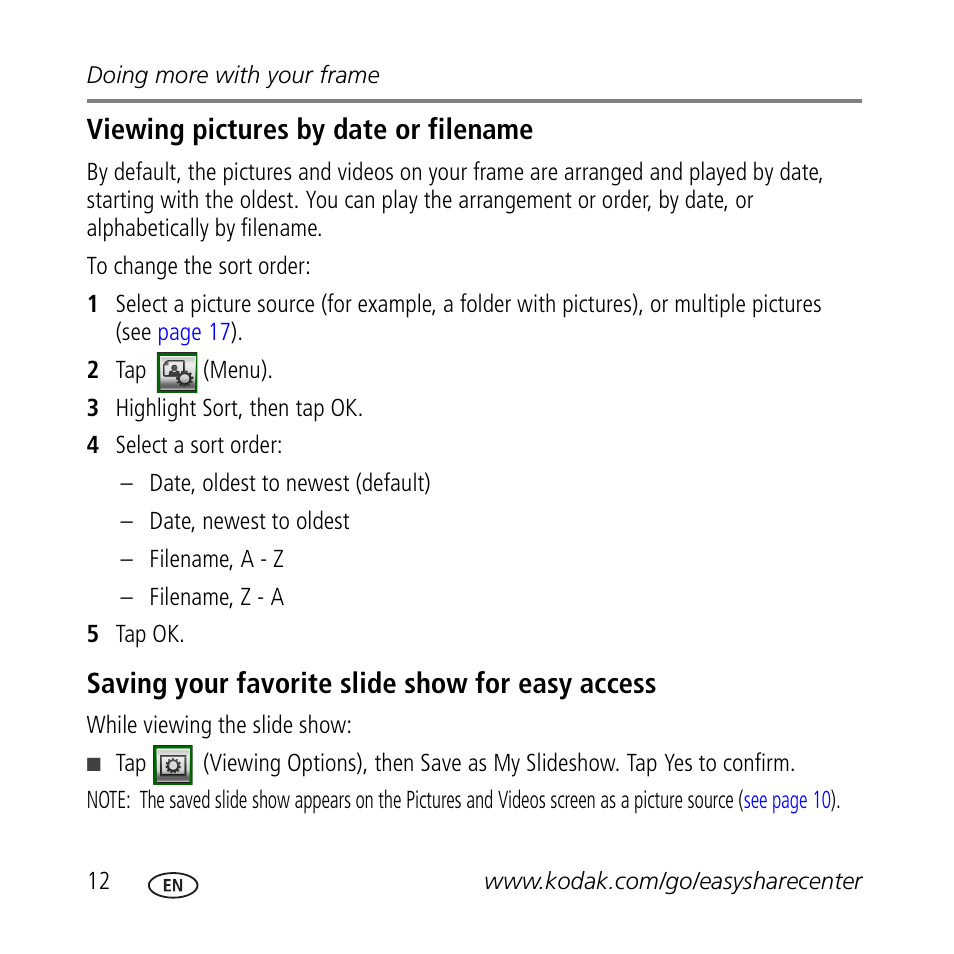 Viewing pictures by date or filename, Saving your favorite slide show for easy access | Kodak M1020 User Manual | Page 12 / 28