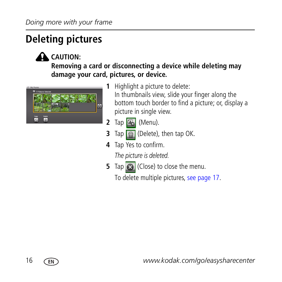 Deleting pictures | Kodak M1020 User Manual | Page 16 / 28