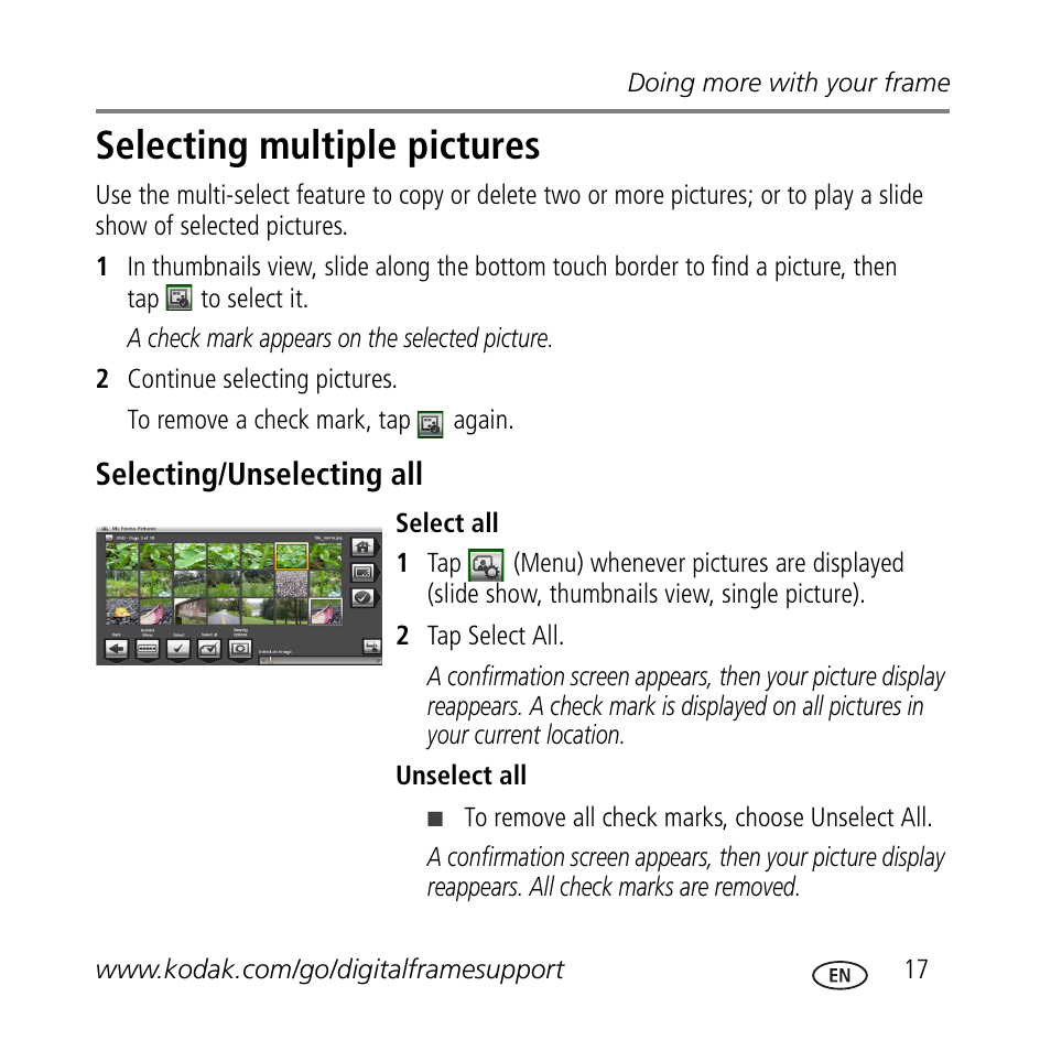Selecting multiple pictures, Selecting/unselecting all | Kodak M1020 User Manual | Page 17 / 28