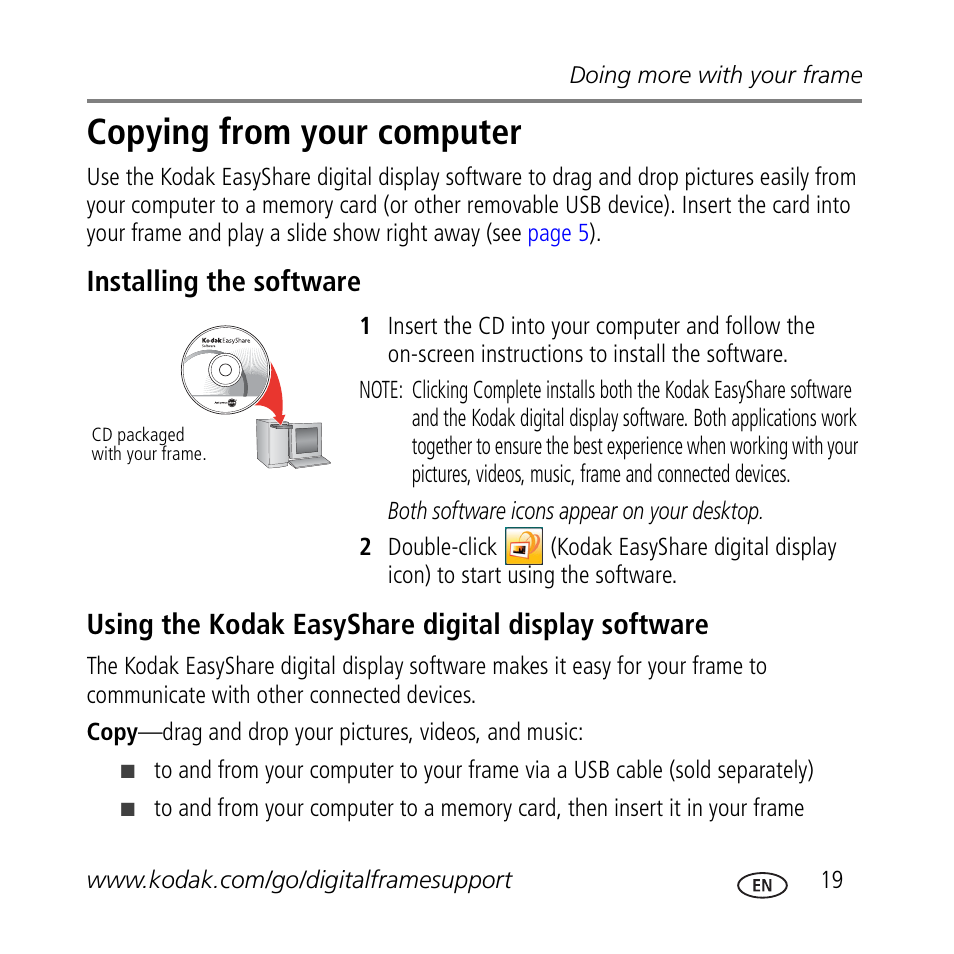 Copying from your computer, Installing the software, Using the kodak easyshare digital display software | Kodak M1020 User Manual | Page 19 / 28
