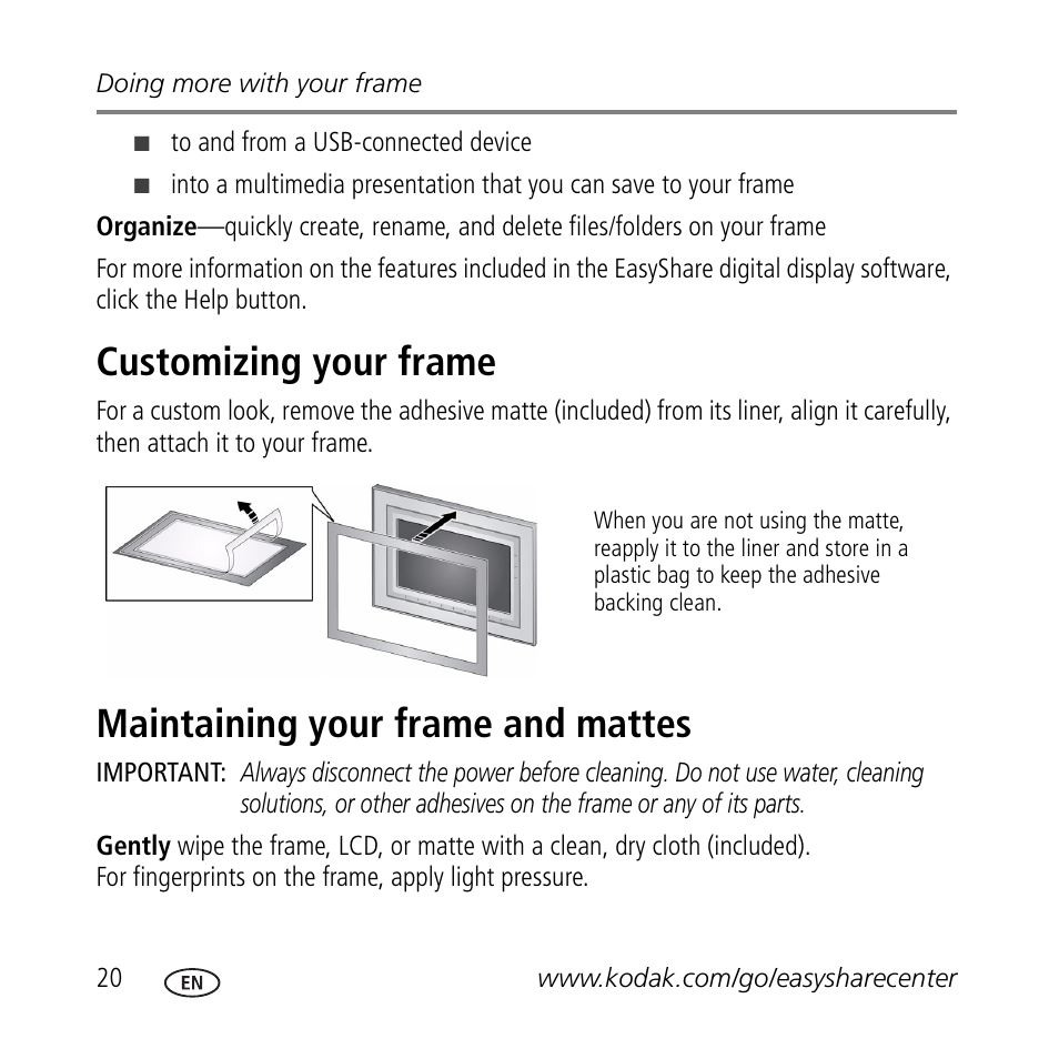 Customizing your frame, Maintaining your frame and mattes | Kodak M1020 User Manual | Page 20 / 28