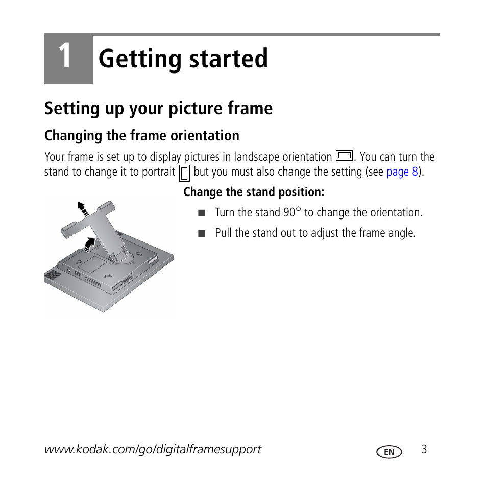 Getting started, Setting up your picture frame | Kodak M1020 User Manual | Page 3 / 28