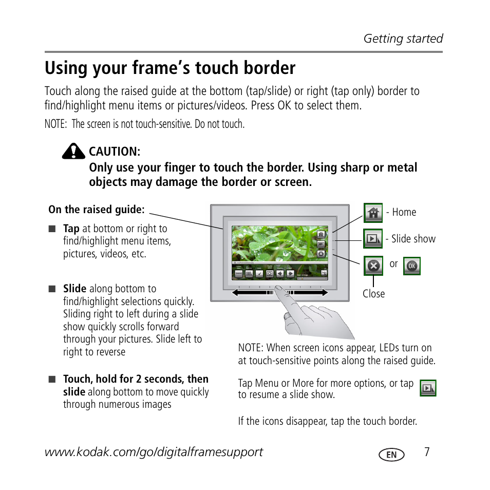Using your frame’s touch border | Kodak M1020 User Manual | Page 7 / 28