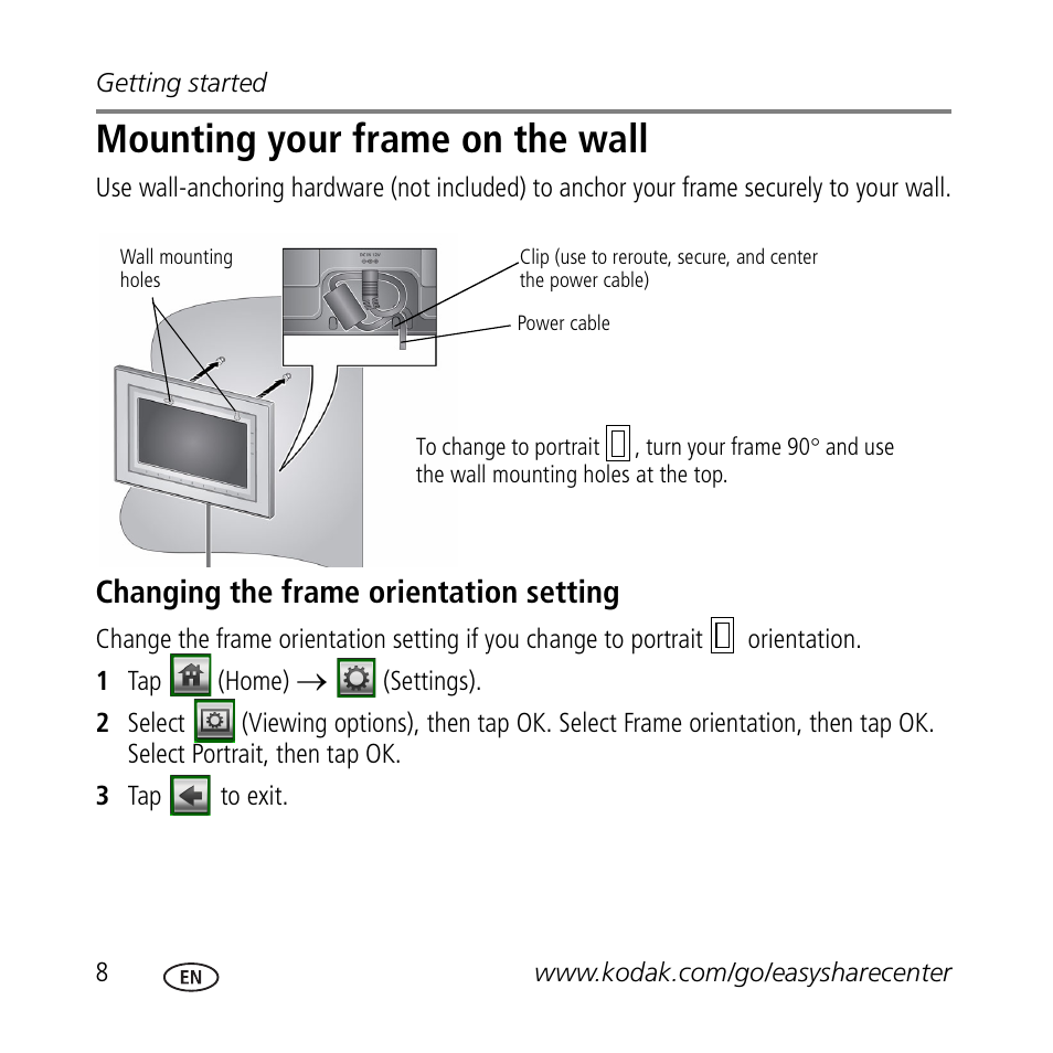 Mounting your frame on the wall, Changing the frame orientation setting | Kodak M1020 User Manual | Page 8 / 28