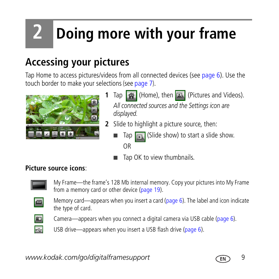 Doing more with your frame, Accessing your pictures | Kodak M1020 User Manual | Page 9 / 28