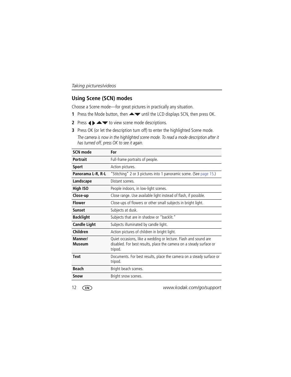 Using scene (scn) modes, Ation. (see | Kodak M575 User Manual | Page 18 / 69