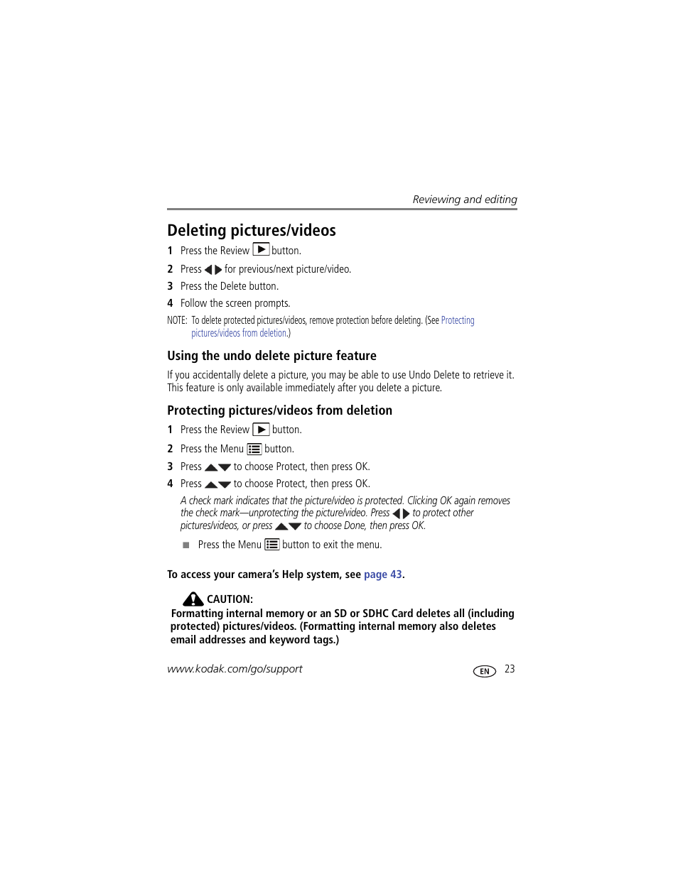 Deleting pictures/videos, Using the undo delete picture feature, Protecting pictures/videos from deletion | Kodak M575 User Manual | Page 29 / 69