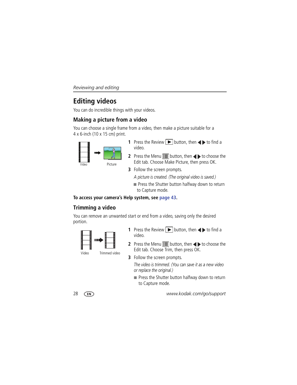 Editing videos, Making a picture from a video, Trimming a video | Kodak M575 User Manual | Page 34 / 69