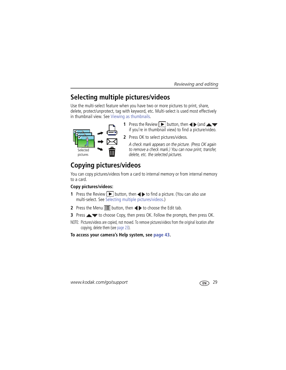 Selecting multiple pictures/videos, Copying pictures/videos | Kodak M575 User Manual | Page 35 / 69