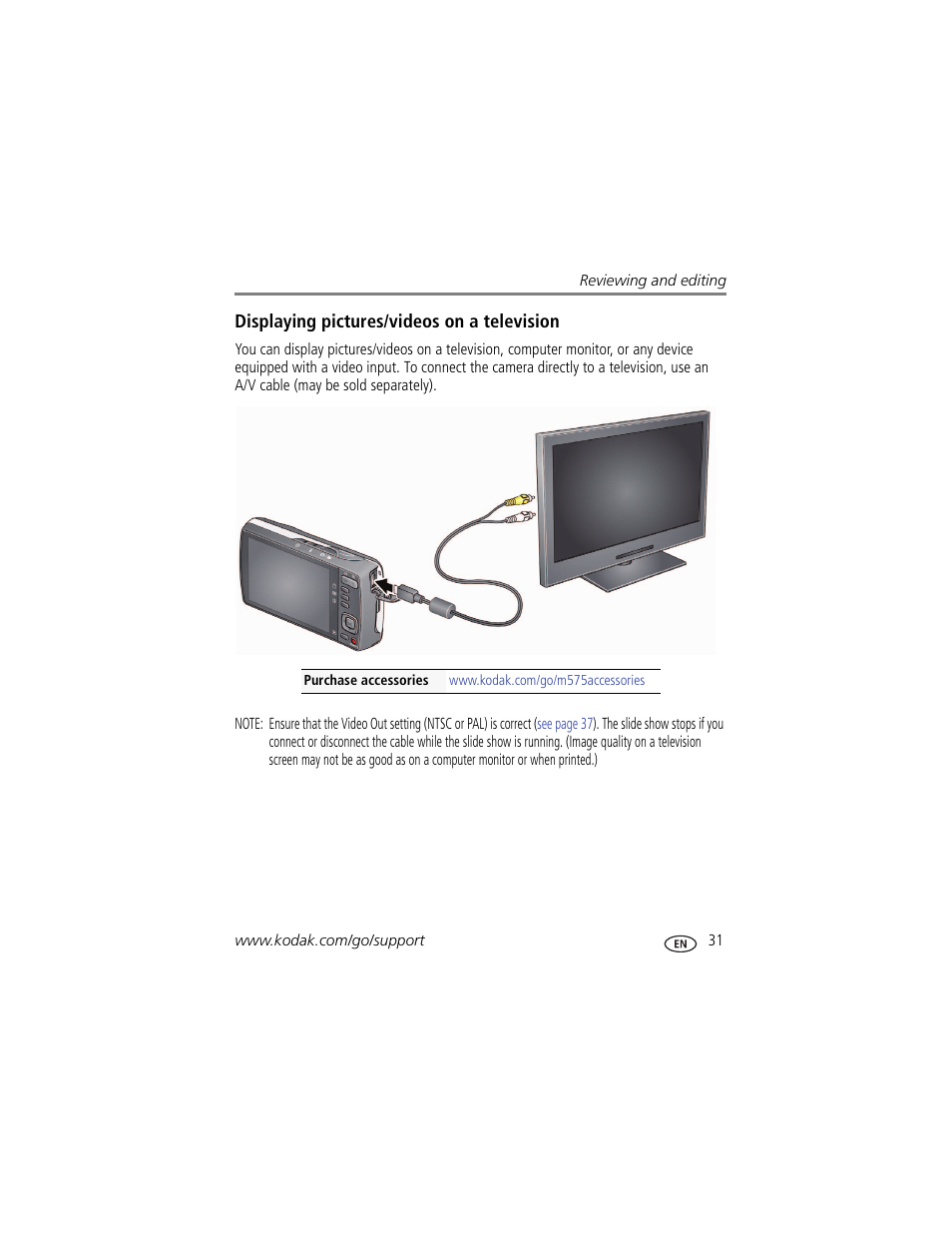 Displaying pictures/videos on a television | Kodak M575 User Manual | Page 37 / 69