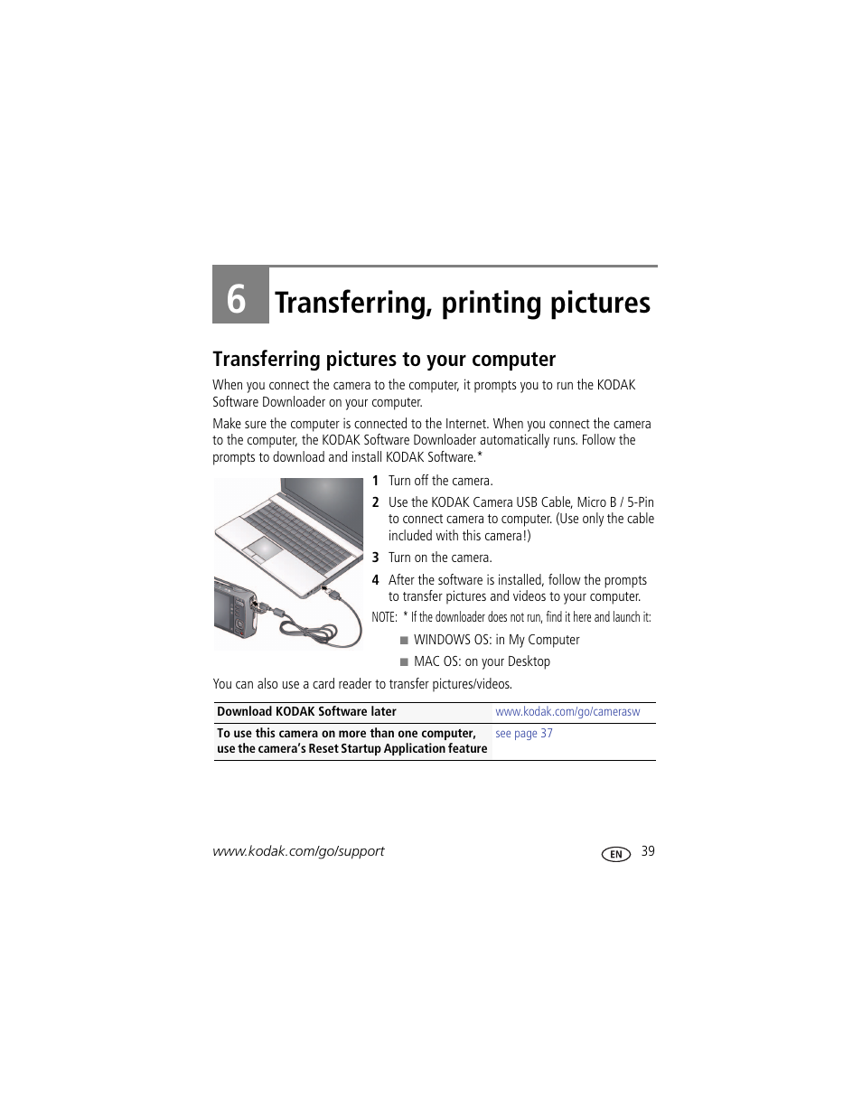 Transferring, printing pictures, Transferring pictures to your computer, 6 transferring, printing pictures | Kodak M575 User Manual | Page 45 / 69