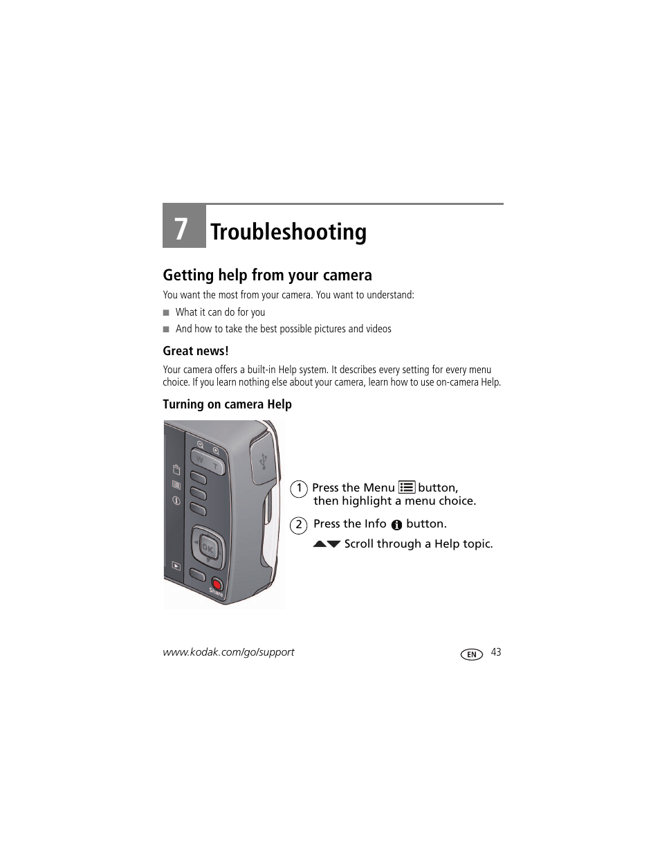 Troubleshooting, Getting help from your camera, Great news | Turning on camera help, 7 troubleshooting | Kodak M575 User Manual | Page 49 / 69