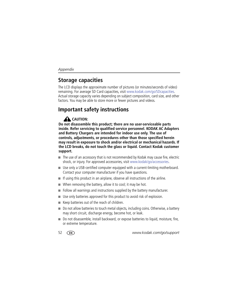 Storage capacities, Important safety instructions, Storage capacities important safety instructions | Kodak M575 User Manual | Page 58 / 69