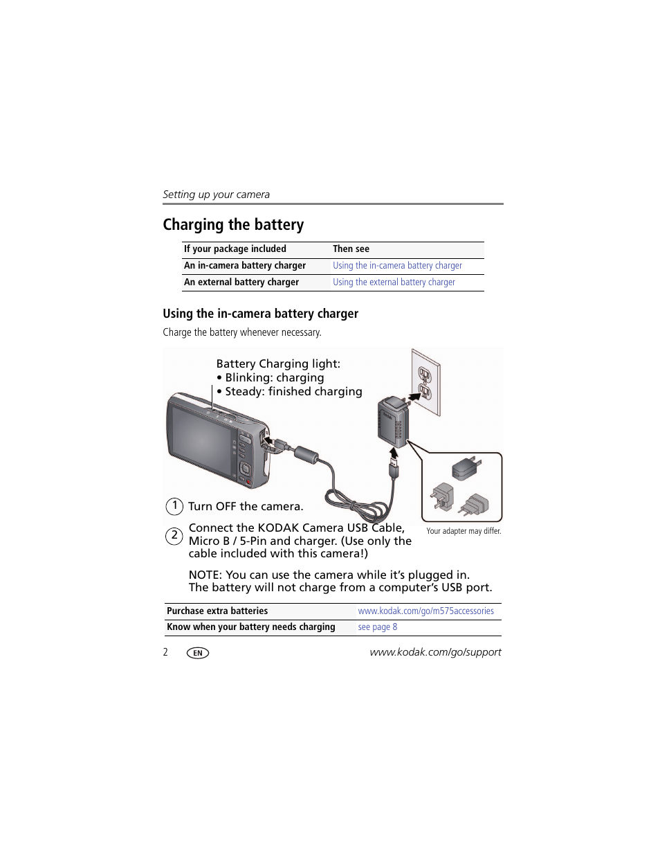 Charging the battery, Using the in-camera battery charger | Kodak M575 User Manual | Page 8 / 69