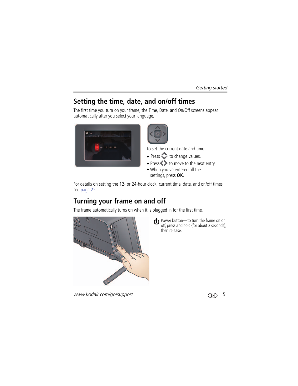 Setting the time, date, and on/off times, Turning your frame on and off | Kodak P86 User Manual | Page 11 / 47