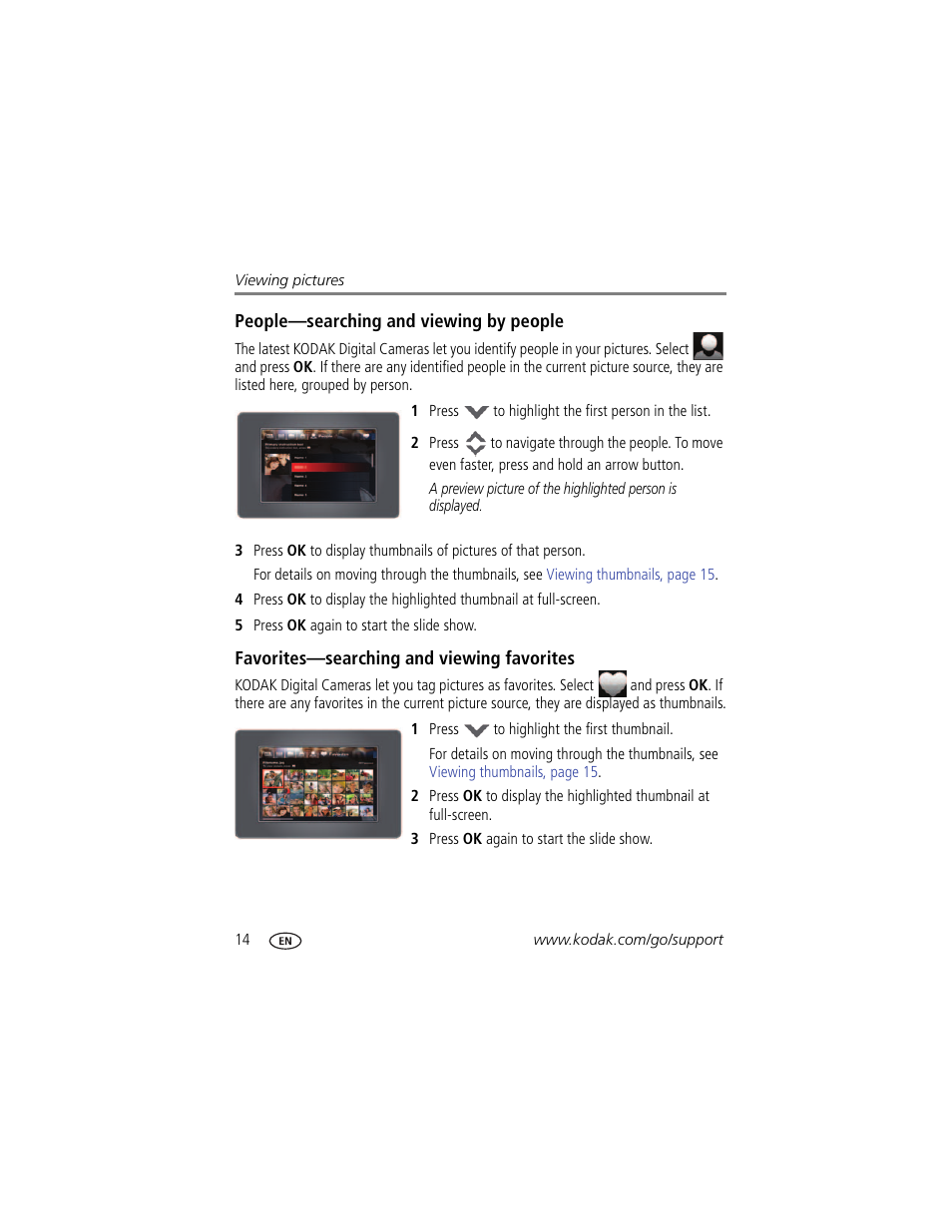 People—searching and viewing by people, Favorites—searching and viewing favorites | Kodak P86 User Manual | Page 20 / 47